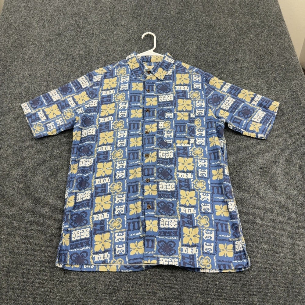 Vintage Silk Shirt Mens L Blue Yellow Floral Geometric Short Sleeve Aloha Retro